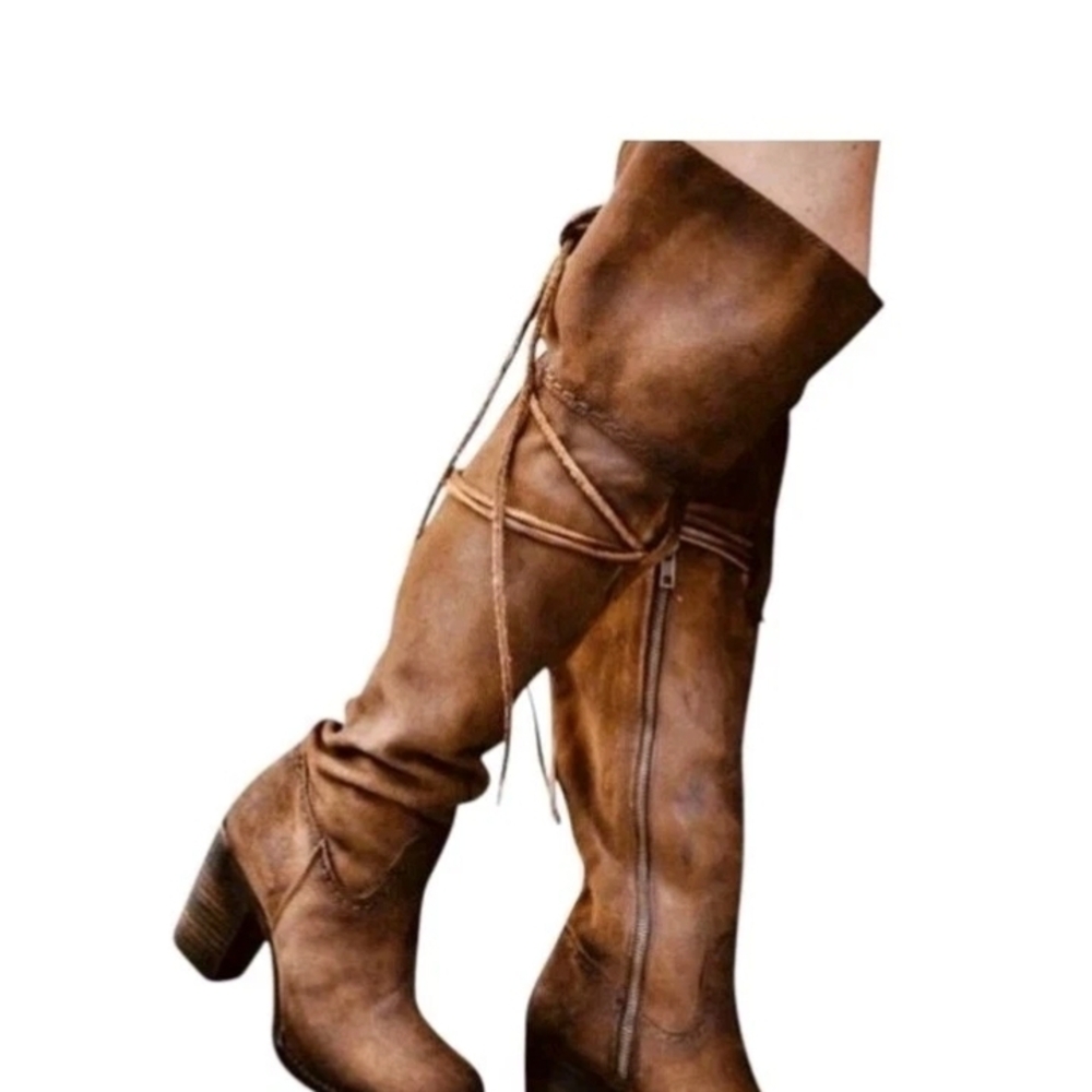 Freebird By Steven Brock Over the Knee Boots Suede Oiled Leather Size 7 M Brown
